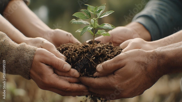 Fototapeta Growing Future Together: A close-up shot of diverse hands cradling a seedling in soil, symbolizing the shared effort of nurturing new life and environmental responsibility. A striking image
