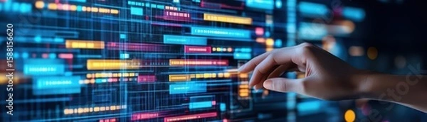 Obraz Business developer hand using Kanban board framework on virtual modern computer showing innovation Agile software development lean project management tool for fast changes concept