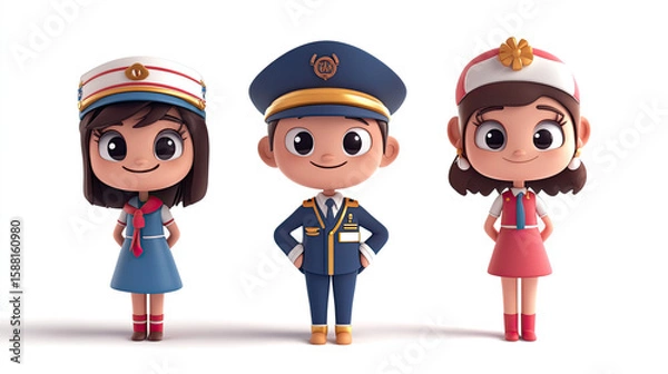 Fototapeta Three cartoon characters dressed in different uniforms standing side by side on a white background