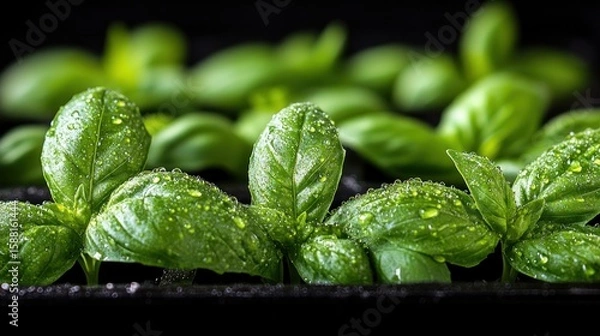 Fototapeta Fresh basil seedlings in a tray, close-up