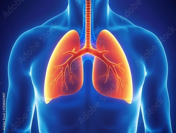 Fototapeta Illustration of a human chest and lungs, showing clear breaths in blue with a glowing red area for the lungs