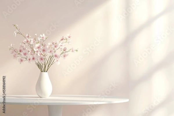 Fototapeta White table with delicate spring flowers in a vase