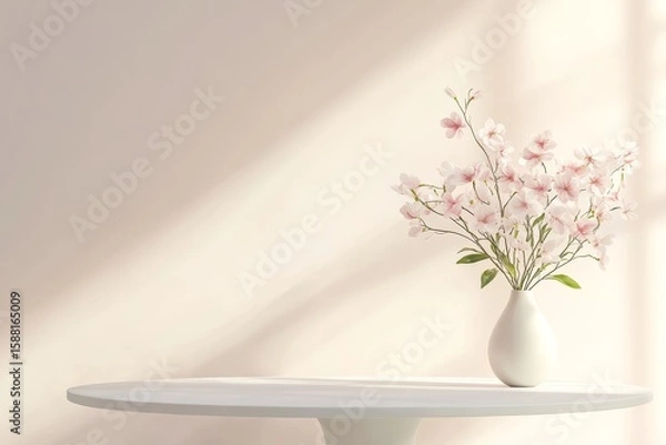 Fototapeta White table with delicate spring flowers in a vase