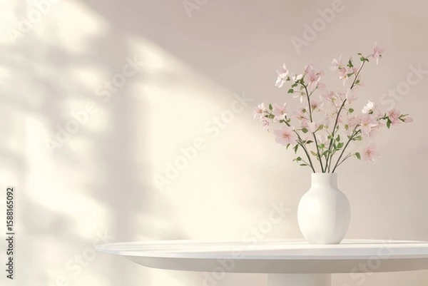 Fototapeta White table with delicate spring flowers in a vase
