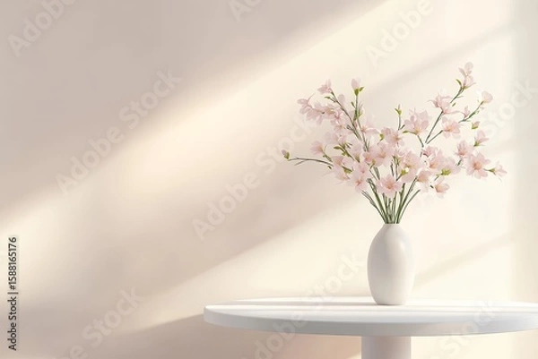 Fototapeta White table with delicate spring flowers in a vase