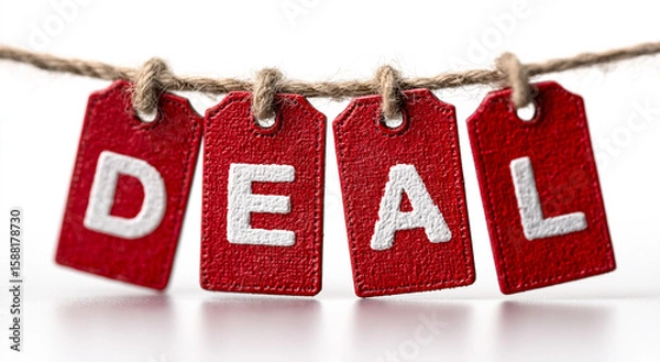 Fototapeta Deal tags hang, promoting savings for marketing use. Red labels spell "DEAL" on string. Represents discounts, sales, special offers. Simple, clean look for website or advertising.