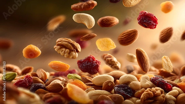 Fototapeta Nutritional Cascade: An artful display of wholesome ingredients, with nuts and dried fruits elegantly suspended in mid-air, offering a captivating visual of natural goodness.