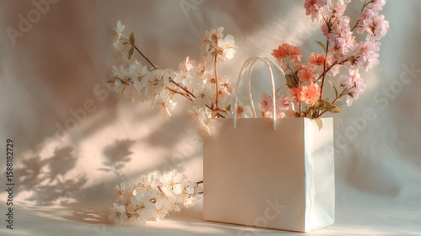 Fototapeta  Blossoms in Gift: Elegant display of spring blooms spilling from a crisp, understated paper bag, bathed in a soft, natural light with graceful shadows dancing in the background.
