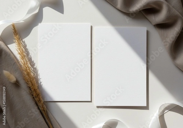 Fototapeta Blank card mockup with fabric ribbon and dried grass on white surface for invitations or greetings