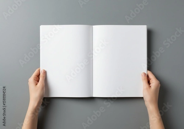 Fototapeta Blank book held open showing empty white pages against gray background