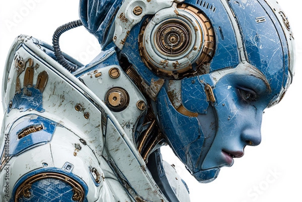 Fototapeta Detailed cyborg with feminine features stands against white backdrop. Sci-fi concept for marketing, web design, editorial.