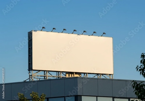 Fototapeta Blank advertisement billboard on building with clear blue sky for mockups