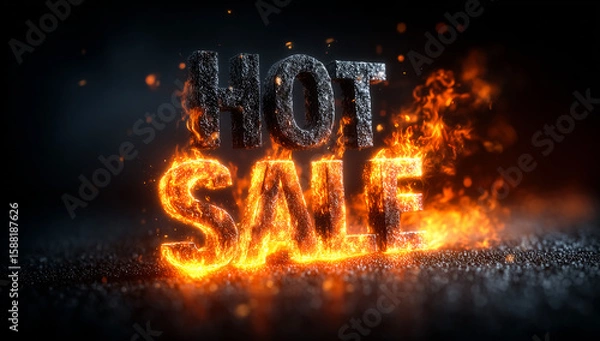 Fototapeta Hot Sale graphic ablaze with fire. Promotes discounts with burning text. Marketing for retail, ecommerce, or web design with emphasis on fiery discounts.