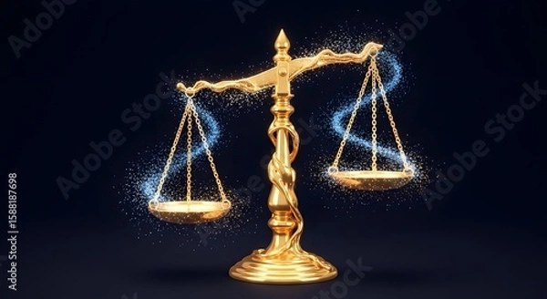 Fototapeta Golden Scales of Justice Illuminated by Mystical Blue Light Symbolizing Balance, Fairness, and Cosmic Equilibrium on a Dark Background