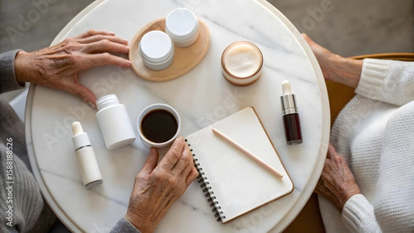 Fototapeta Inclusive Senior Skincare A cozy scene with two pairs of hands and skincare products on a marble table, complemented by a notebook and coffee.