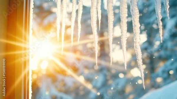 Fototapeta Winter sunlight melting from window icicles frame, casting soft bokeh highlights against blurred background