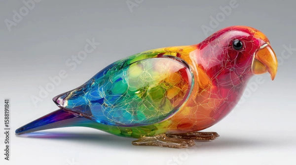 Fototapeta Close up of a colorful glass bird figurine with rainbow hues on a neutral background studio shot