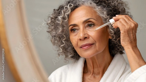 Fototapeta Inclusive Senior Skincare Senior woman applying skincare in front of a mirror, showcasing self-care and beauty routine.