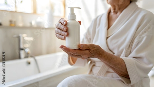 Fototapeta Inclusive Senior Skincare A person in a bathrobe holds a bottle of lotion, suggesting relaxation and self-care in a serene bathroom setting.