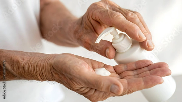 Fototapeta Inclusive Senior Skincare Hands dispensing lotion, showcasing skincare routine and care for aging skin.