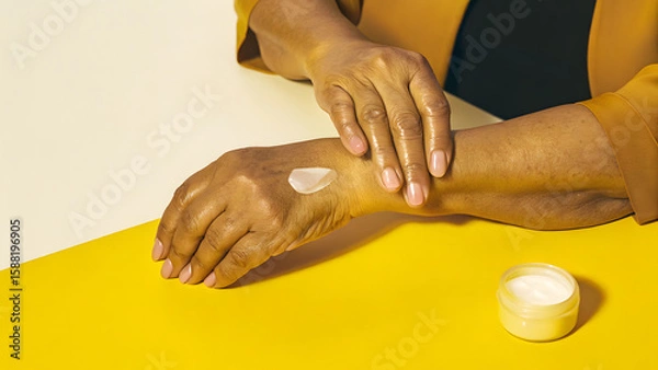 Fototapeta Inclusive Senior Skincare Moisturizing hands with cream, emphasizing skincare and self-care routines against a bright yellow background.