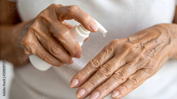 Fototapeta Inclusive Senior Skincare An elderly person applying lotion on their hands to care for dry skin.