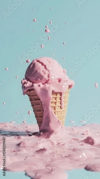Fototapeta Melting Strawberry Ice Cream Cone with Splatters and a Pastel Blue Background Creates a Mess