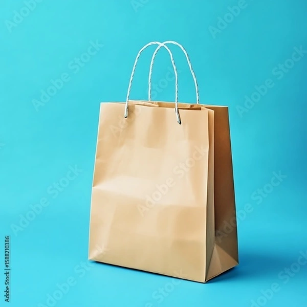 Fototapeta Minimalist of Brown Paper Shopping Bag With White Handles on Teal Background