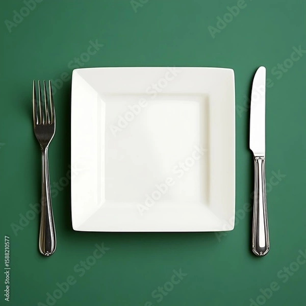 Fototapeta Minimalist Place Setting Square Plate, Silverware on a Green Background Tabletop View