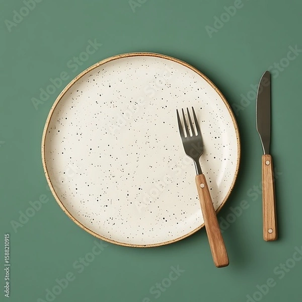 Fototapeta Minimalist Plate with Fork and Knife on Green Background, Wooden Handles and Speckled Surface