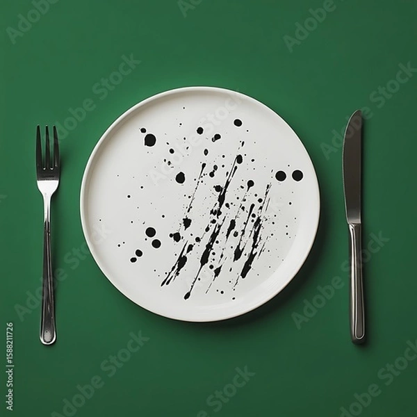 Fototapeta Minimalist Table Setting with White Plate, Black Paint Splatters, Knife, and Fork on Green Background
