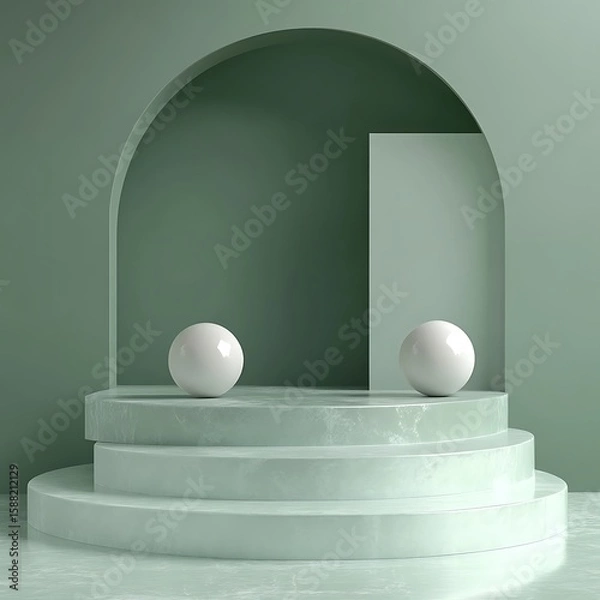 Fototapeta Mint Green Archway and Marble Podium Display with Two White Spheres for Presentation