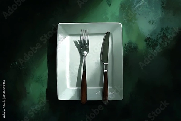 Fototapeta Modern Square Plate with Fork and Knife on Dark Green Abstract Background