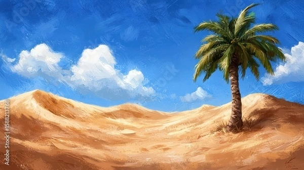 Obraz Desert Landscape with Single Palm Tree under Blue Sky