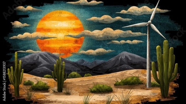 Obraz Desert Sunset with Wind Turbine and Cacti