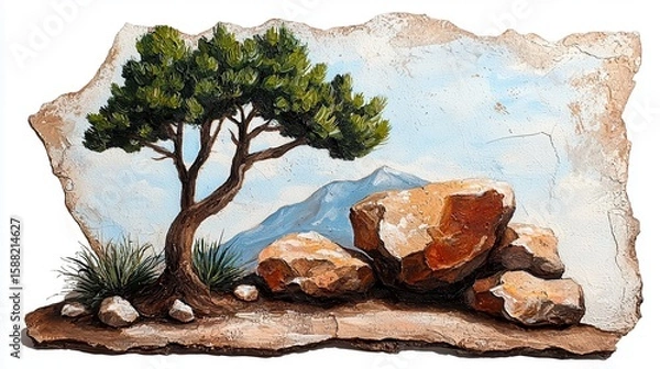Obraz Detailed Hand Painted Landscape Featuring a Tree Rocks and Distant Mountains