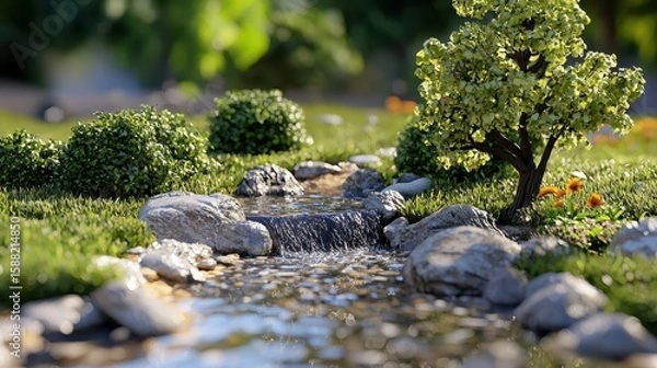 Obraz Detailed Miniature Landscape with Flowing Stream Greenery and Rock Formations in Natural Light