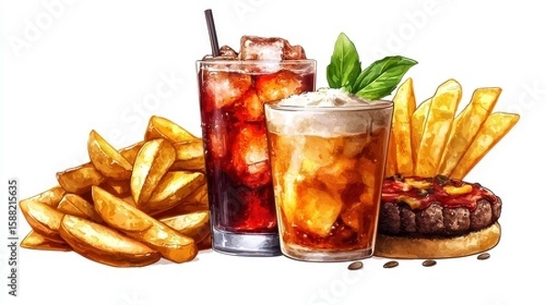 Obraz Digital Watercolor of Hamburger, Fries, and Drinks