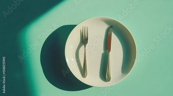Fototapeta Silver Fork and Knife on White Plate with Shadow on Teal Background Still Life