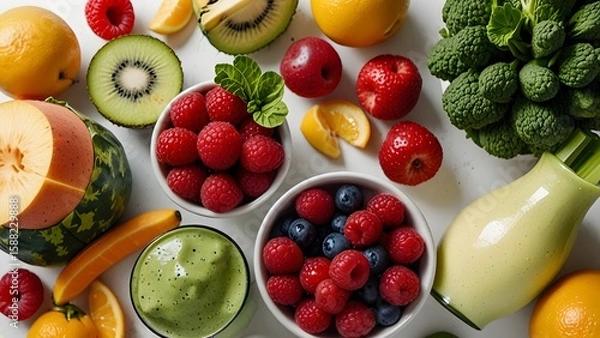 Fototapeta Colorful mix of fresh fruits and vegetables with berries on display