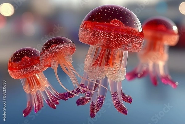 Fototapeta Glowing Red Jellyfish with Translucent Bodies in a Serene Underwater Scene