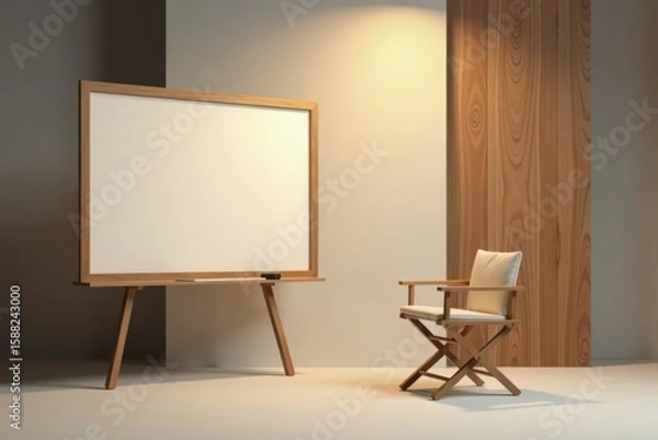 Fototapeta Simple wooden easel with blank whiteboard and director's chair in a minimalist studio setting