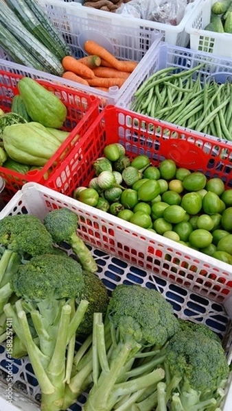Fototapeta Various kinds of fresh vegetables in plastic boxes sell at traditional market.
