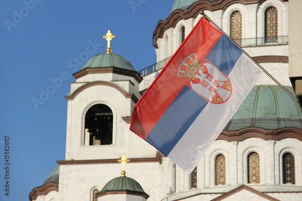 Fototapeta Church of Saint Sava and Serbian flag