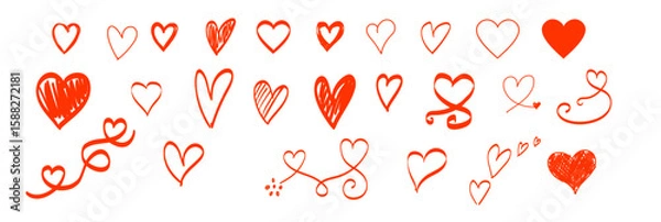 Fototapeta Red heart doodles set. Hand drawn hearts icon collection. Various different hand drawn heart icon love collection isolated on transparent background. Romance and love illustrations