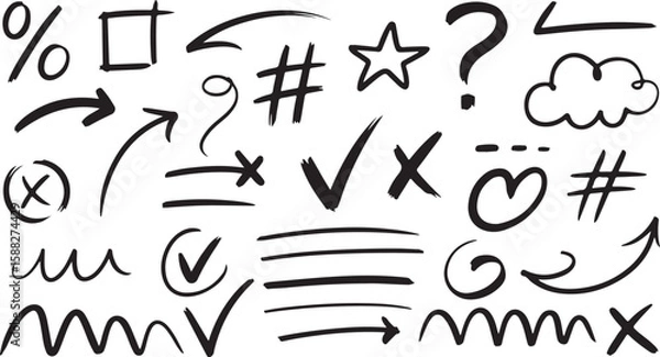 Obraz Arrow brush line chalk sketch texture brush vector set. Crayon marker scribble sketch stroke arrow element line brush hand drawn design. Texture abstract chalk, crayon style. Vector illustration.Arrow