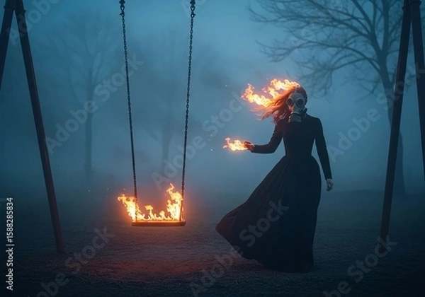 Obraz Gothic Woman in Gas Mask Behind Flaming Swing in Foggy Apocalyptic Playground