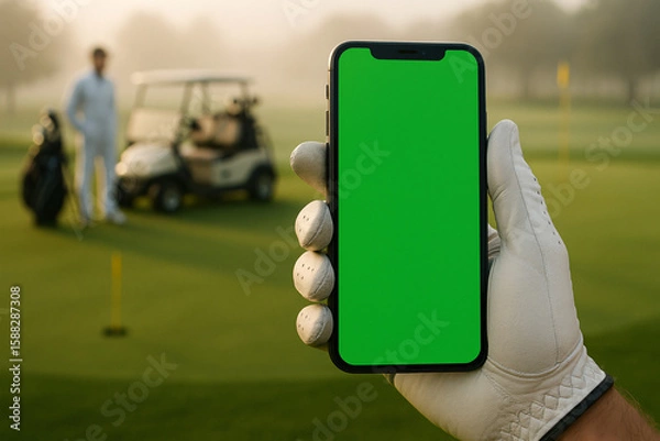 Obraz A golfer's gloved hand holding a smartphone with a green screen mockup on a morning golf course with caddy, golf cart, bag, and hole in background.