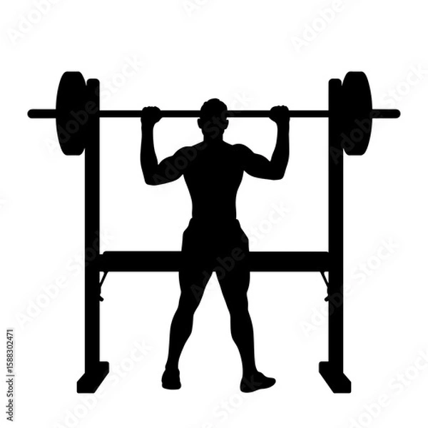 Fototapeta Silhouette of weightlifter exercising with barbell on weight bench. Silhouette showcases a muscular figure during a powerlifting workout, capturing intensity and focus.