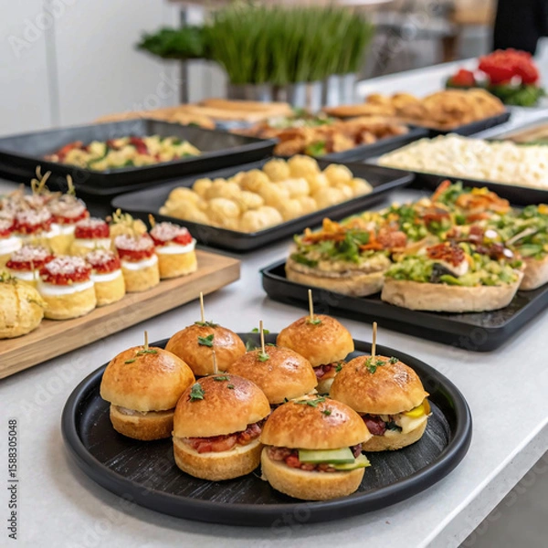 Fototapeta Abundant Feast: Elegant Catering Spread with Gourmet Sandwiches on Display